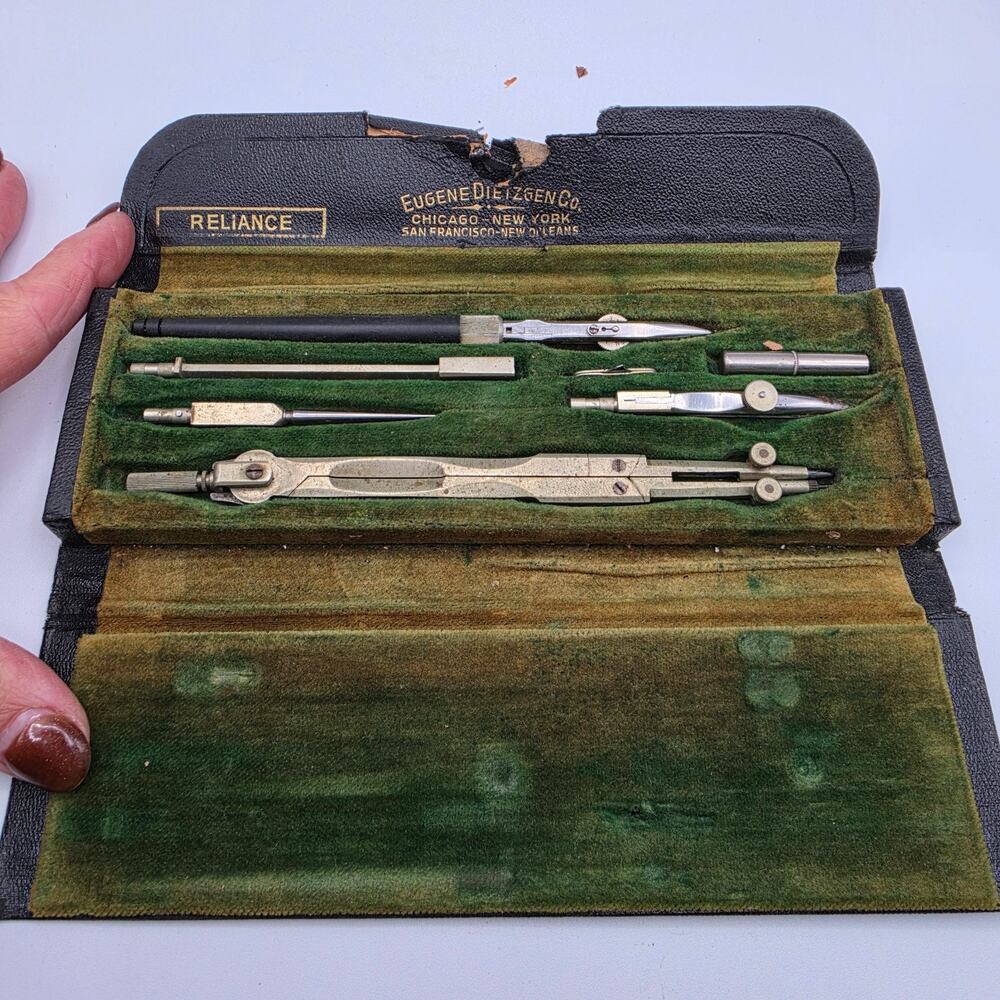 Vintage Eugene Dietzgen Reliance Drafting Compass Tool Set Leather Case Navy